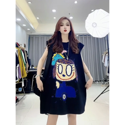 Pure cotton/back bag collar fashionable printed cartoon flying sleeves round neck mid-length T-shirt for women