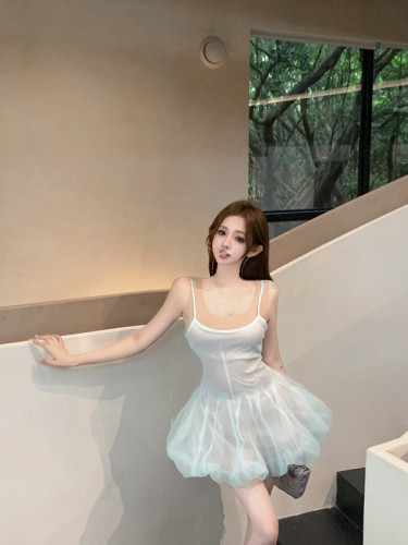 实拍新款韩版修身显瘦甜辣吊带背心连衣裙两件套蓬蓬网纱公主裙