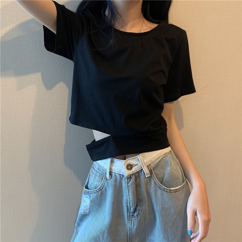 實拍 夏季開叉短袖T恤女短款修身上衣