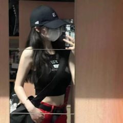 羅紋 美式字母背心女顯瘦辣妹露臍短款上衣