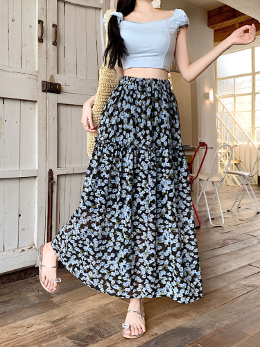 Actual shot ~ Temperament retro age-reducing floral skirt for women in summer, versatile, slimming and stylish A-line long skirt