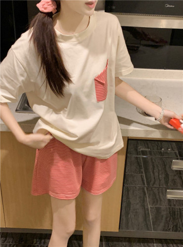 Actual shot of Korean style loose and comfortable cotton summer contrast color casual and comfortable home walking short-sleeved home clothes set