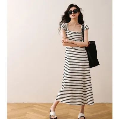 French high-end striped square-neck dress for women, summer seaside temperament, slimming and clavicle-exposed sleeveless A-line long dress