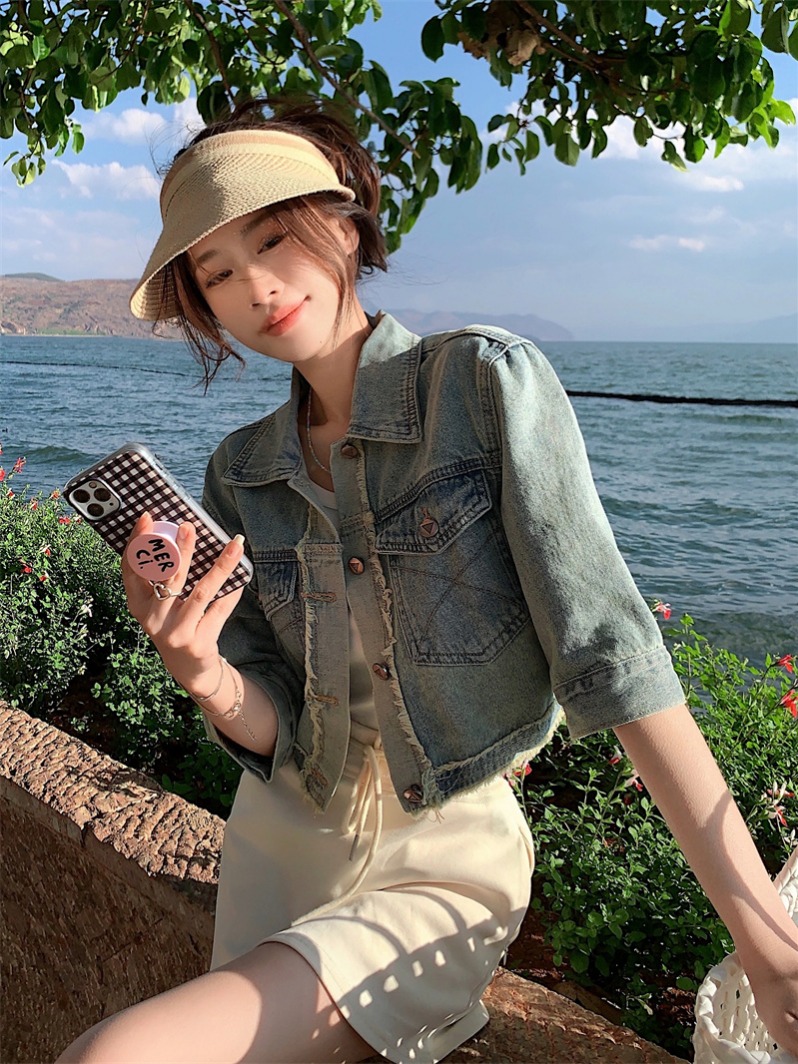 Women's Short Sleeve Denim Shirt 2024 Spring New Design Sensory Minority Short Style Versatile Open Top Coat