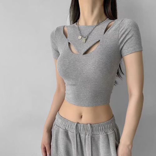 韩版复古辣妹设计感镂空短袖T恤女修身显瘦性感针织短款正肩上衣
