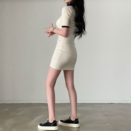 韩国chic夏季辣妹风polo领短袖修身针织连衣裙女包臀短裙