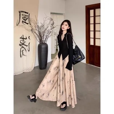 High-waisted long dress with ink wash style, women's new fashion suit with quality Chinese-style fringe top