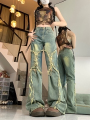 Real shot~American retro hottie tie-up bow-knot raw edge niche horseshoe slightly flared jeans