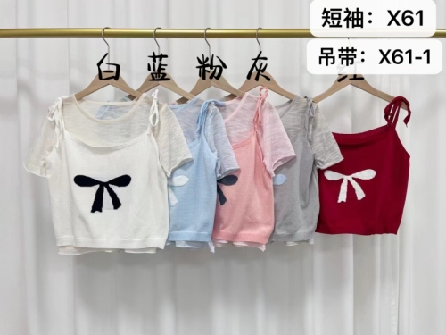 蝴蝶结短袖叠穿针织吊带T恤四季青广州十三行女装上衣短款两件套