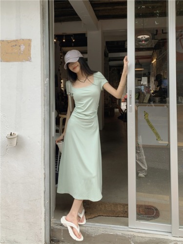 Real shot~Square neck short-sleeved dress 2024 new summer small French waist slim dress