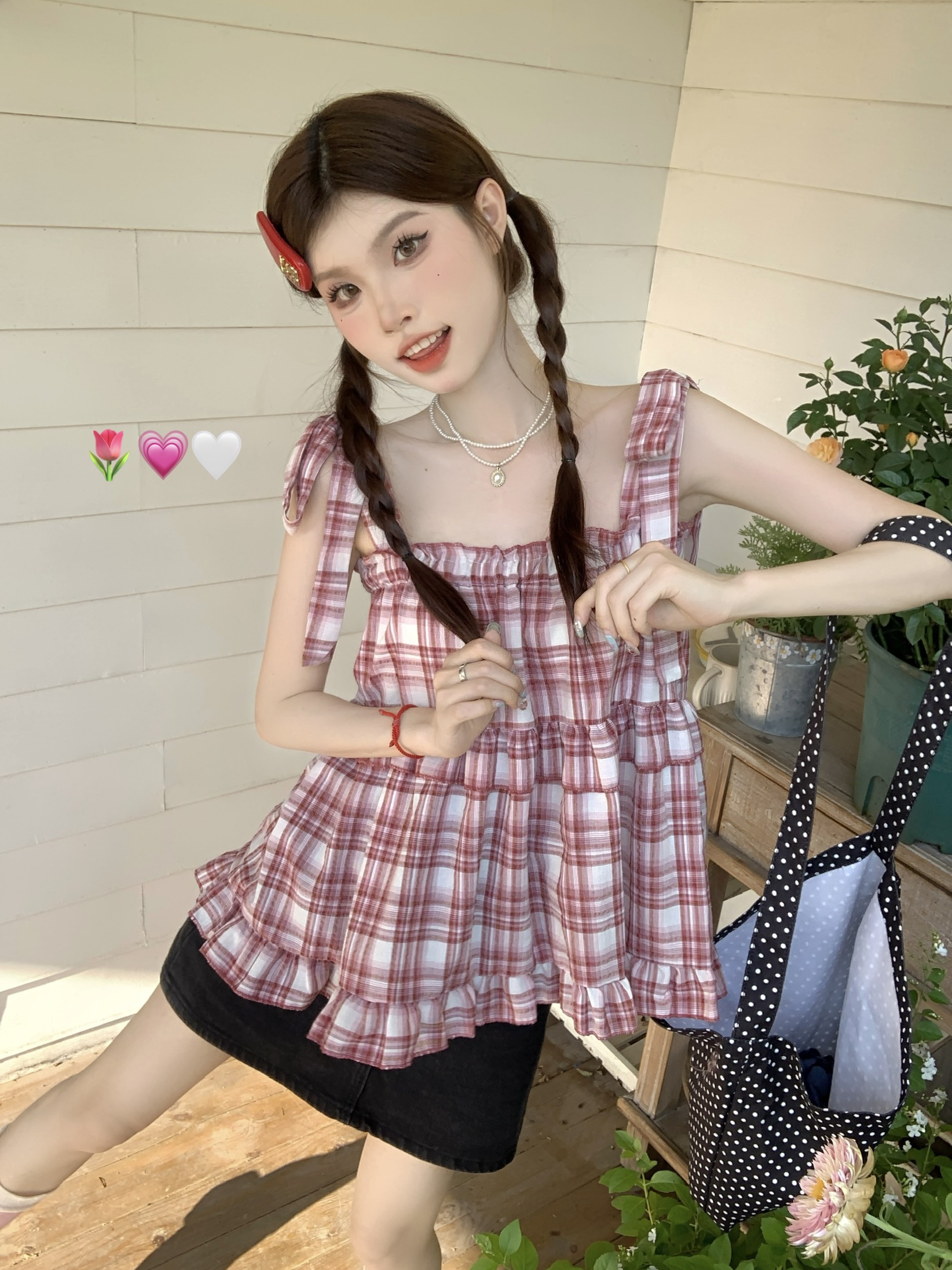 實拍 夏季新款韓版簡約百搭吊帶綁帶格子寬鬆減齡上衣女ins
