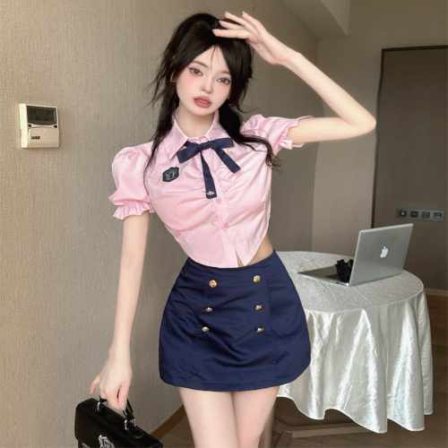 实拍学院风套装女韩系jk制服小个子收腰显瘦粉色衬衫半身裙两件套