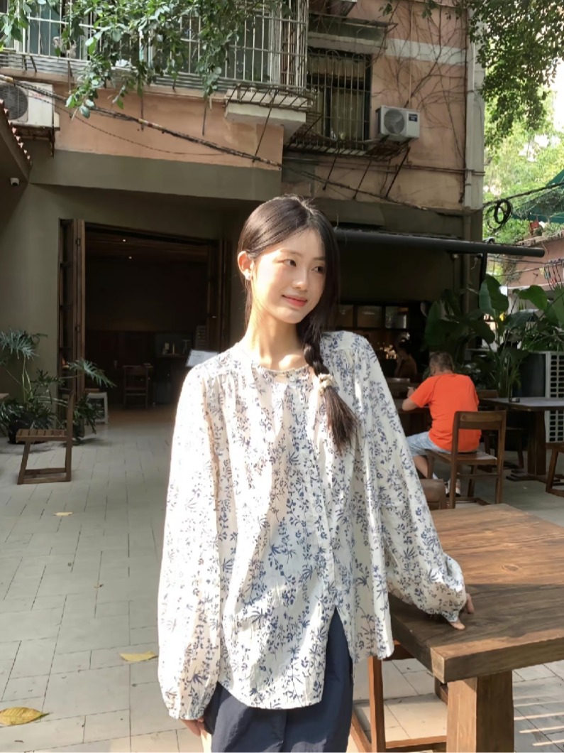 New sun protection set, retro floral long-sleeved shirt + elastic mid-waist shorts two-piece set real shot