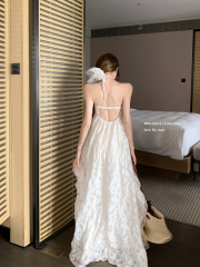 Real shot of retro sexy holiday style backless super fairy long skirt with padded dress for women