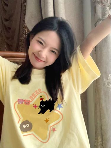 200g combed close-mesh worsted spun pure cotton, post-wrapping strip, spring and summer loose shoulder print short-sleeve T-shirt