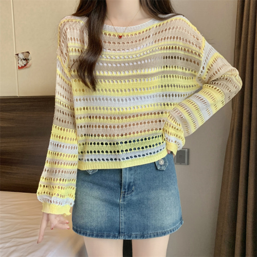 Lazy style hollow striped short long-sleeved T-shirt 2024 summer women's design slim-fitting bottoming top