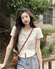 Photo-shoot style, French high-end, heavy craftsmanship texture women's summer unique short-sleeved short shirt top