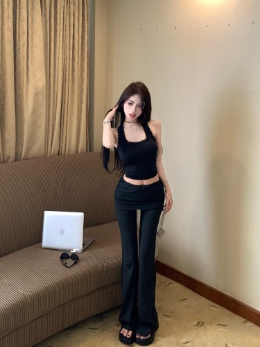 Real shot!  Temperament Lace Splicing Vest Top Hot Girls Fake Two-piece Pants Yoga Suit Women