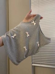 設計感小眾蝴蝶結灰色背心女春夏2024新款修身顯瘦褶皺上衣服