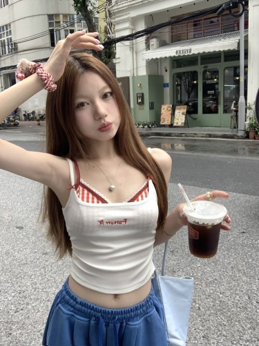 Real shot of lace plaid bra camisole women's inner wear new summer white slim top two-piece set