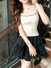 Temperament gold style slim fit ice silk French camisole women's summer outer wear French fungus lace vest