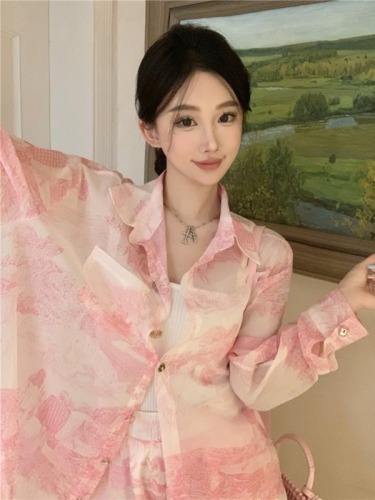 实拍~2024夏季新款中国风水墨画粉红色防晒衬衫短裤薄款套装