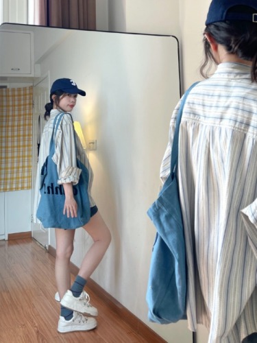 Sun protection clothing new Korean style striped shirt lazy style student casual lapel temperament 2024 long-sleeved tops for women