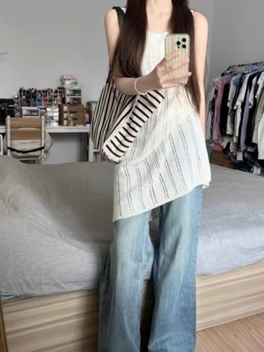 Hollow knitted sweater sleeveless top for women 2024 summer vest mid-length outer wear with small white suspenders inside