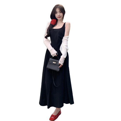Real shot ~ Large size fat mm French style high-end suspender dress summer new A-line high-waisted black skirt