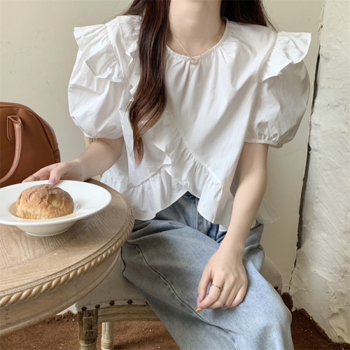 实拍 夏季新款韩版宽松设计感小众荷叶边短袖衬衫上衣女