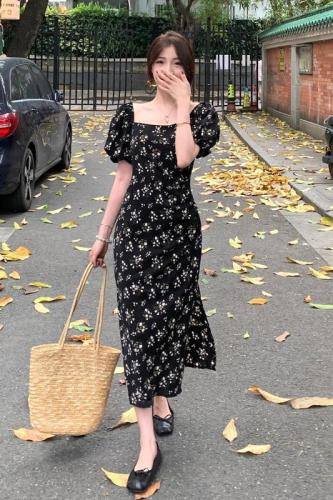 Real shot ~ square neck dress plus size fat mm 2024 new summer celebrity pleated slit hip-covering floral long skirt