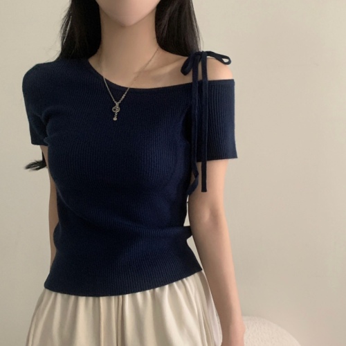 出货中 韩国chic 夏日 设计感 U领 绑带 短袖 针织衫