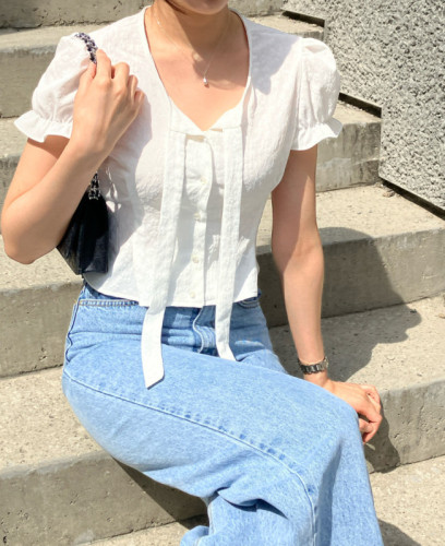 Korean chic summer jacquard ribbon single-breasted short-sleeved shirt high-waisted short shirt for small people