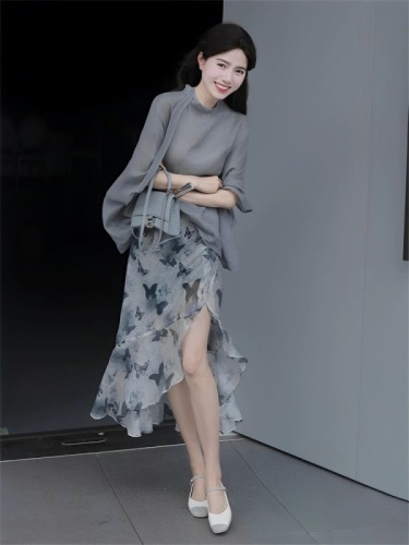 水墨染新中式女装中国风气质碎花半身裙女夏季宽松显瘦衬衫两件套