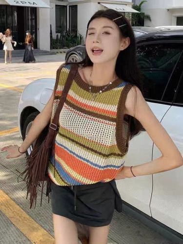 Vest Women's 2024 New Color Striped Hollow Vest Korean Style Loose Thin Sweater Spring and Summer Sleeveless Vest
