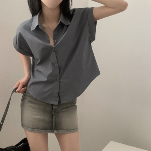 Korean ins summer basic model temperament lapel roll-sleeved shirt women's short-sleeved shirt