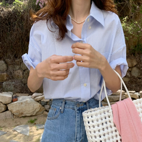 Korean chic summer refreshing pocket striped shirt women's loose shirt