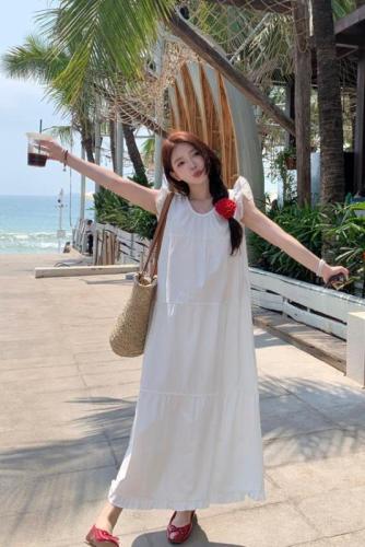实拍韩系飞飞袖显瘦长款海边度假风连衣裙