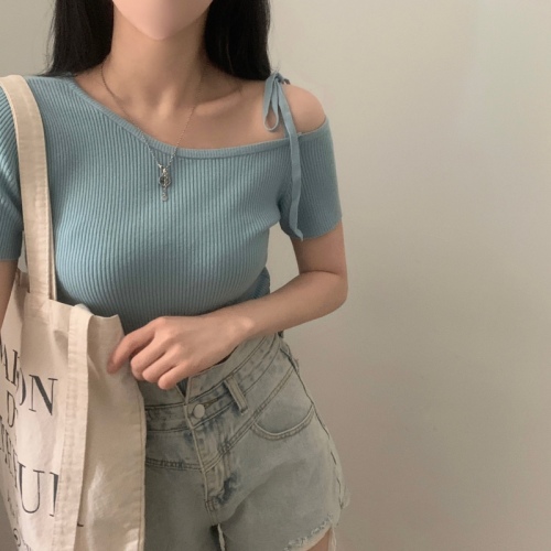 Shipping Korean chic summer design U-neck strap short-sleeved sweater