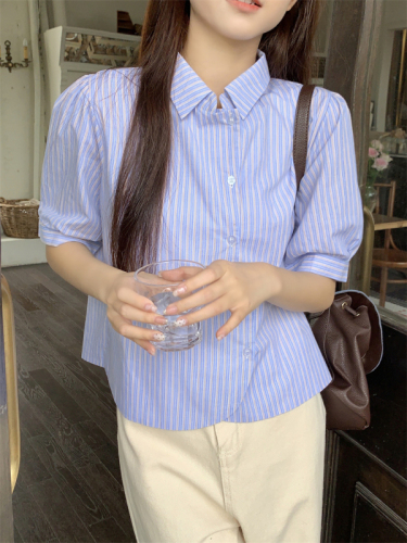 实拍 夏季新款韩系设计感条纹泡泡袖POLO简约宽松衬衫上衣女