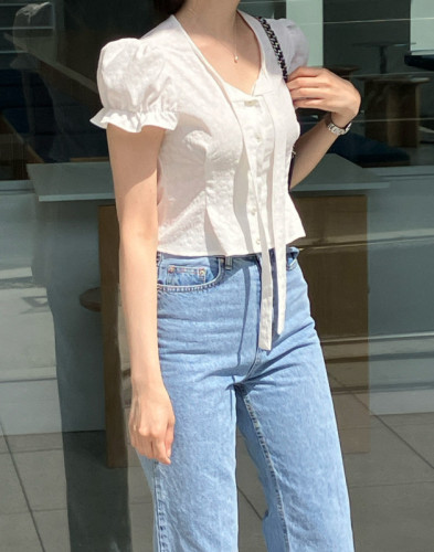 Korean chic summer jacquard ribbon single-breasted short-sleeved shirt high-waisted short shirt for small people