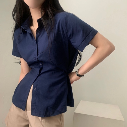 韩国chic夏日 单排扣 收腰显瘦 短袖衬衫