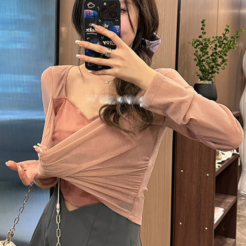 French pleated square neck long-sleeved T-shirt for women in spring and autumn, pinch-waist atmosphere bottoming shirt, high-end slim fit top