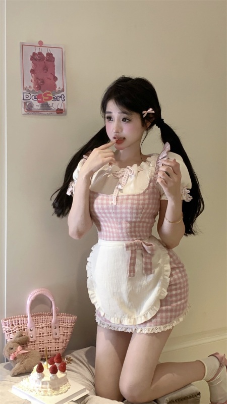 Real shot and real price kitty sweet chef summer pink plaid suspender dress puff sleeve two-piece suit for women