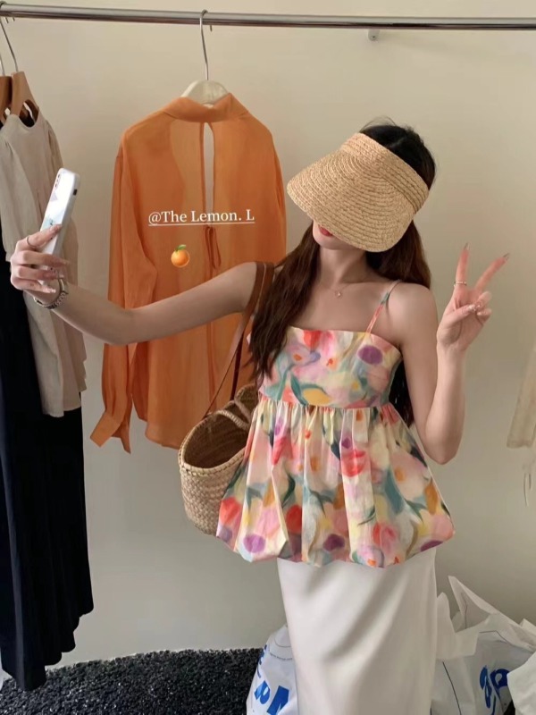 夏季法式甜美浪漫油畫吊帶上衣女海邊度假風花苞蓬蓬上衣短款小衫
