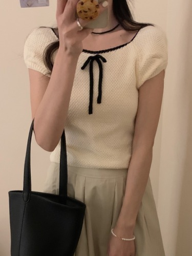 韩国chic夏季减龄设计感温柔蝴蝶结针织镂空蝴蝶结装饰针织T恤女