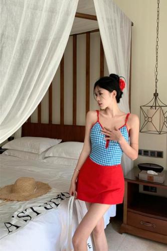 Real shot ~ ins hot girl pure lust style slim camisole for women + high waist slimming short skirt two-piece set