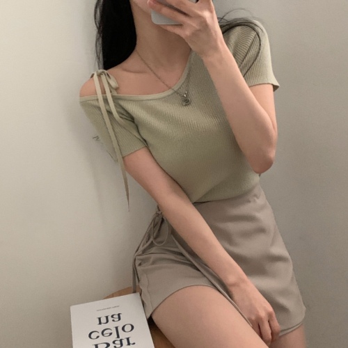 出货中 韩国chic 夏日 设计感 U领 绑带 短袖 针织衫