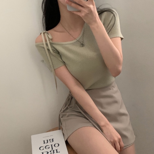 Shipping Korean chic summer design U-neck strap short-sleeved sweater