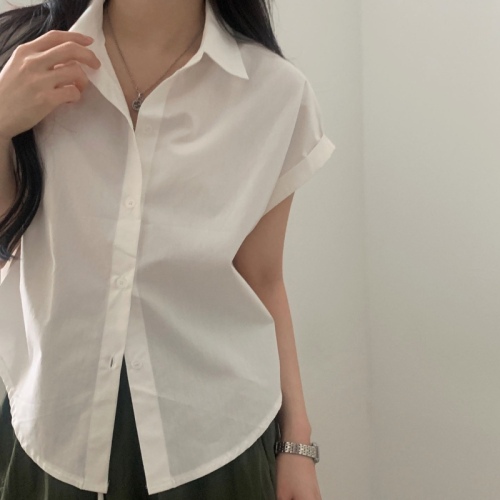 Korean ins summer basic model temperament lapel roll-sleeved shirt women's short-sleeved shirt